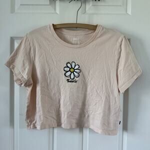 Levi's Crop Top Womens Lg‎ Peach Daisy Print Cotton Stretch Cropped Casual Tee